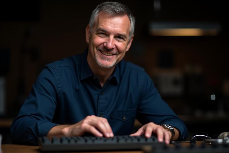 David Wayne Cooper thoughtfully working on a mechanical keyboard at his workbench.