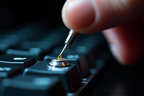 Close-up of a hand carefully applying lubricant to a mechanical keyboard switch stem with a fine brush.