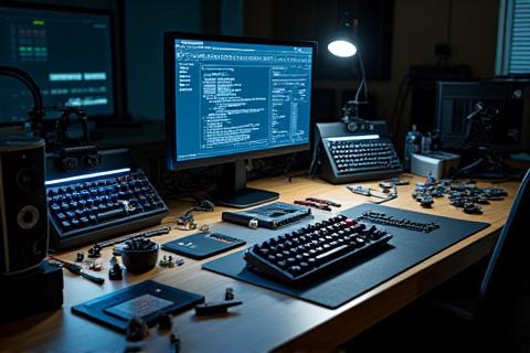 Wide shot of a well-organized, clean workbench with multiple mechanical keyboards in various stages of assembly.