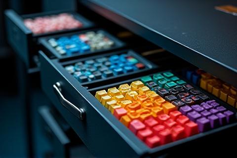 Drawers filled with neatly organized mechanical keyboard switches, various colors, and types.