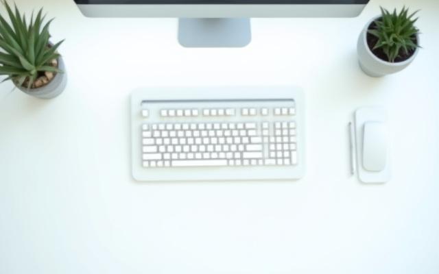 A pristine, minimalist desk setup featuring a sleek compact mechanical keyboard as the central focal point, surrounded by clean, sparse items.
