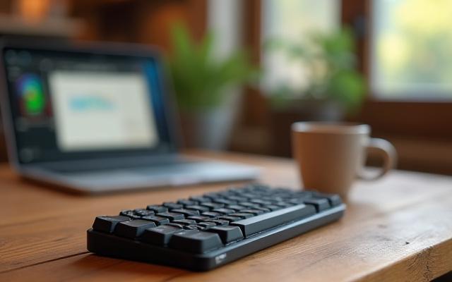 A compact mechanical keyboard on a cafe table next to a laptop and a coffee cup, emphasizing portability and on-the-go productivity.