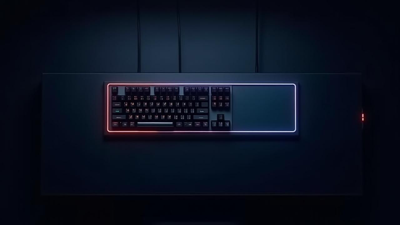 A compact 60% mechanical keyboard on a minimalist desk, showcasing ample mouse space next to a full-sized keyboard outline for comparison.