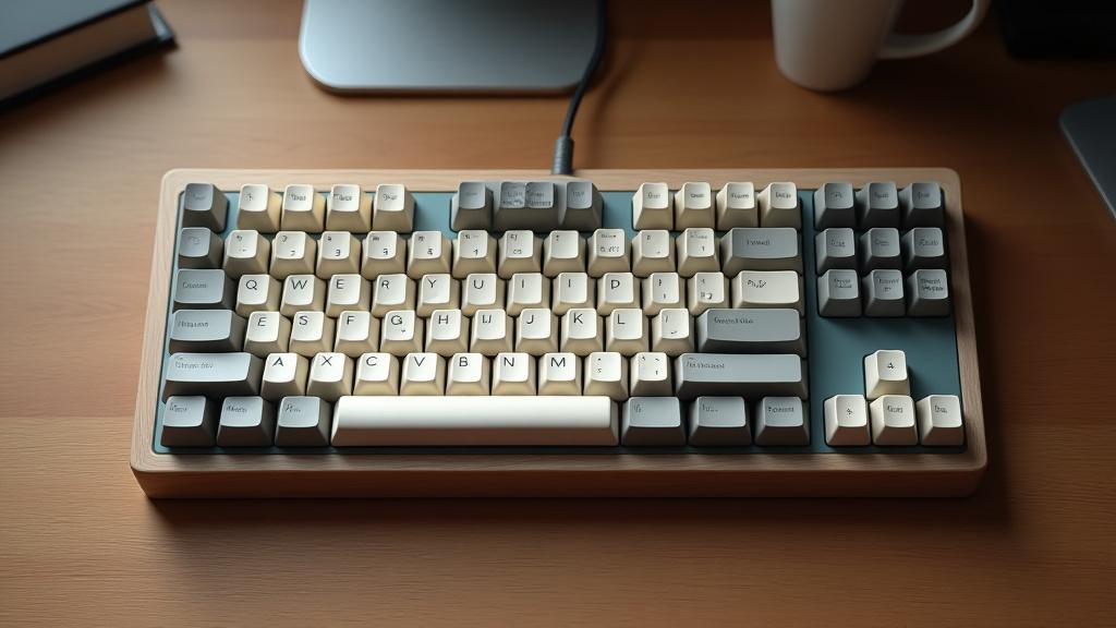 An elegant ergonomic split mechanical keyboard with a natural wood case and smooth, low-profile PBT keycaps, positioned on a clean, clutter-free oak desk.