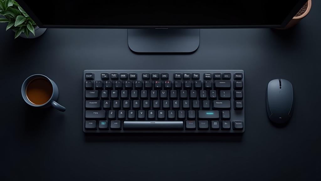A sleek 65% custom mechanical keyboard with a dark aluminum case, grayscale keycaps, and a subtle RGB underglow, sitting on a modern desk setup.