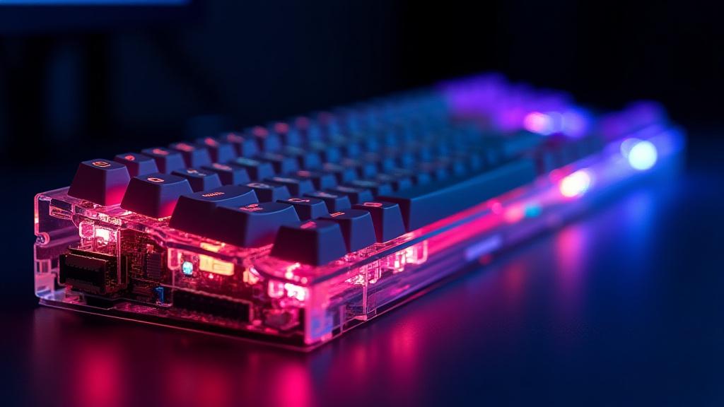 A vibrant, colorful 60% custom mechanical keyboard with bright artisan keycaps, a clear acrylic case showcasing intricate internal wiring, and colorful RGB lighting.