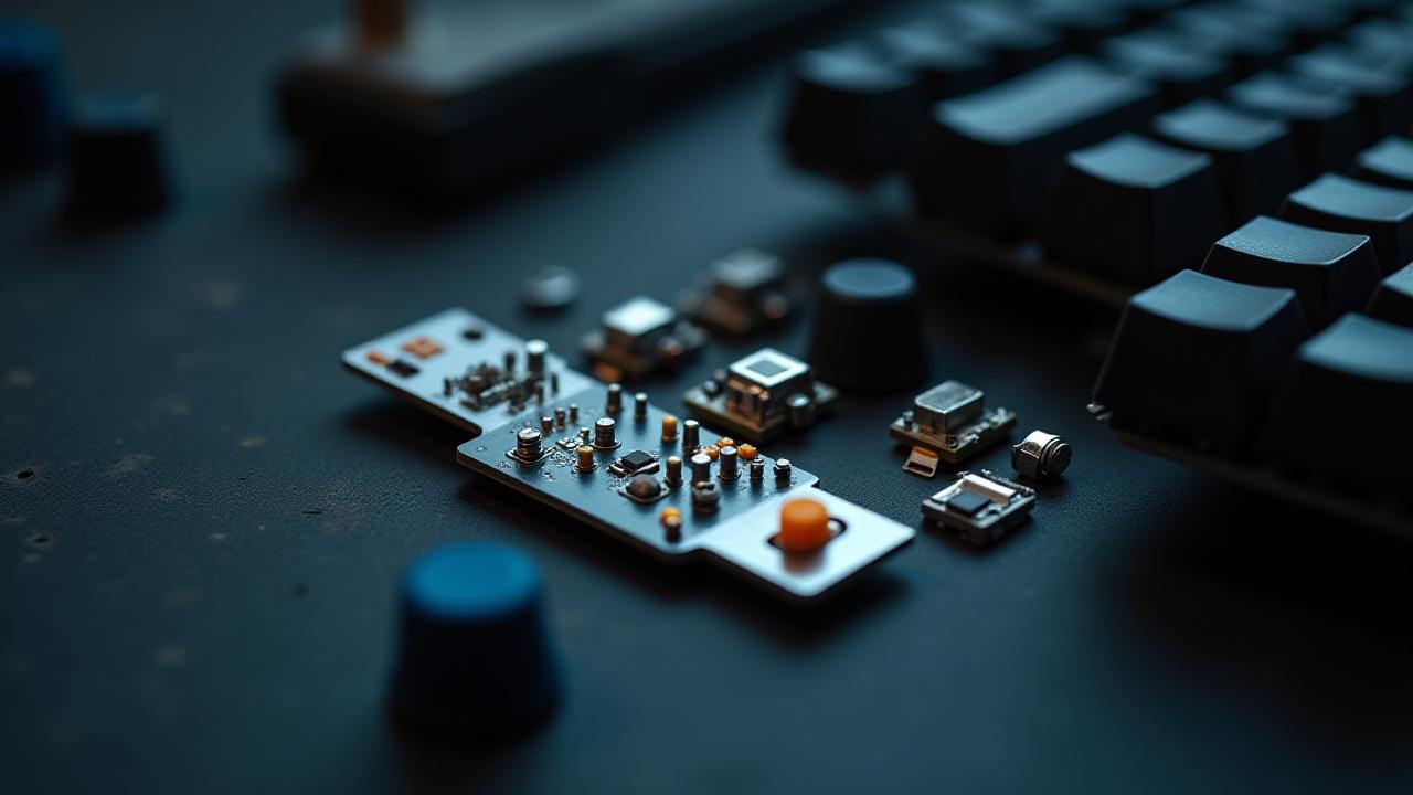 Disassembled custom mechanical keyboard components spread out on a dark surface, highlighting a PCB, plate, switches, and artisan keycaps, ready for assembly.