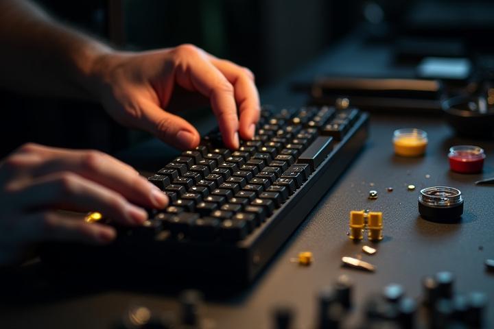 Artisan working on a custom mechanical keyboard build with various components