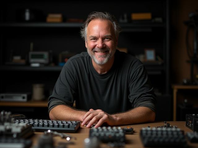 David Wayne Cooper at his well-organized workbench, surrounded by keyboard components, focused and meticulous.