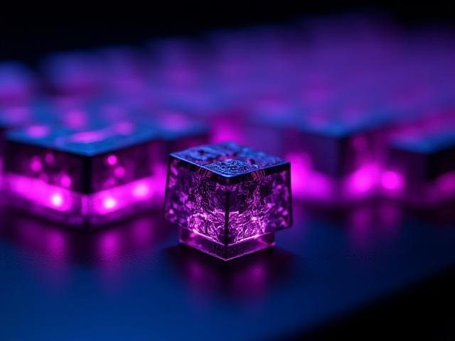 Close-up of a 60 percent mechanical keyboard with vibrant purple and pink artisan keycaps, illuminated by soft LED underglow.