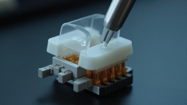 Close-up of thin switch films being applied to a mechanical switch.