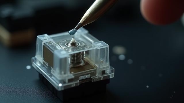 Close-up of keyboard switch being carefully lubed with a brush.