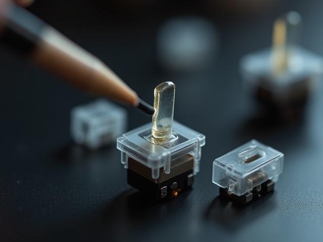 Close-up macro shot of a small brush meticulously applying lubricant to the stem of a mechanical keyboard switch, surrounded by other switch components.