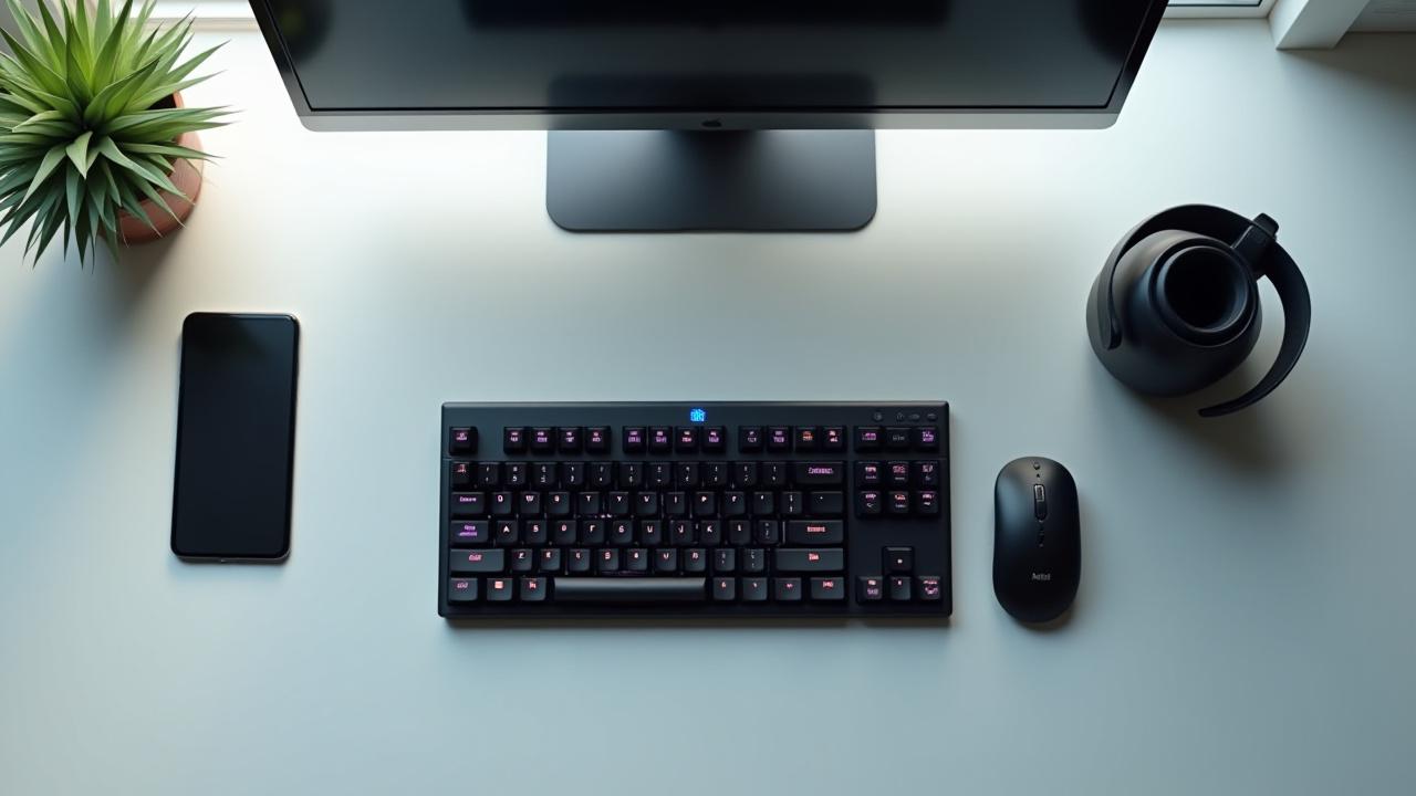 A clean, minimalist modern office desk with a sleek wireless mechanical keyboard, laptop, and tablet, emphasizing productivity and freedom from clutter.